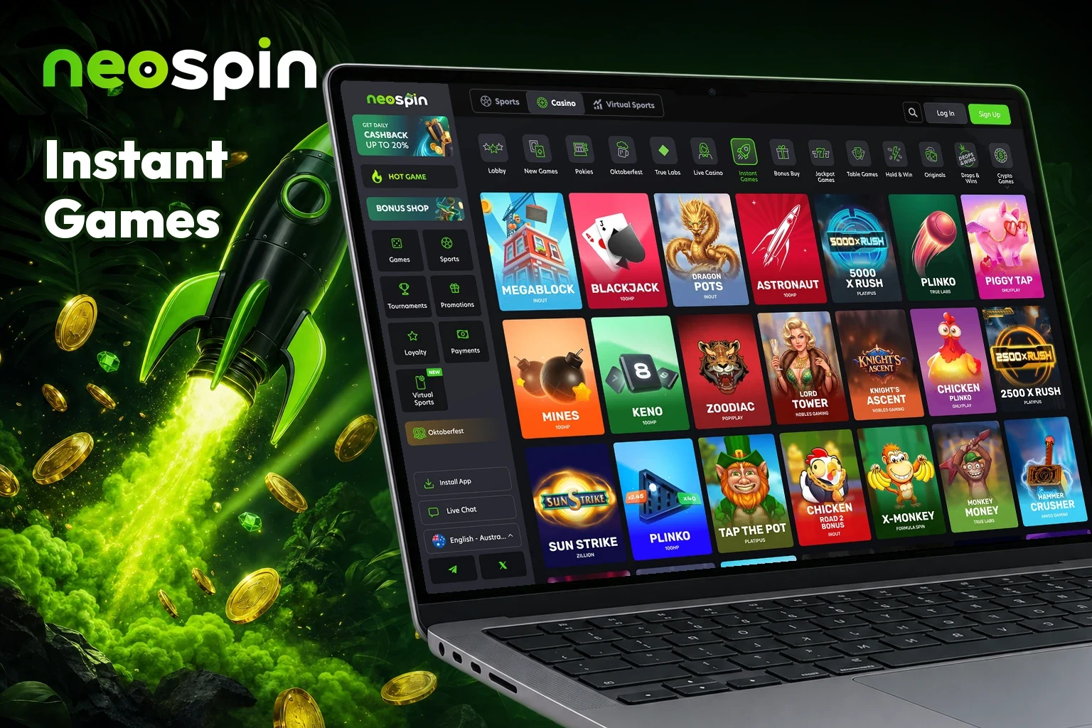 Neospin instant games with crash, mines and plinko titles