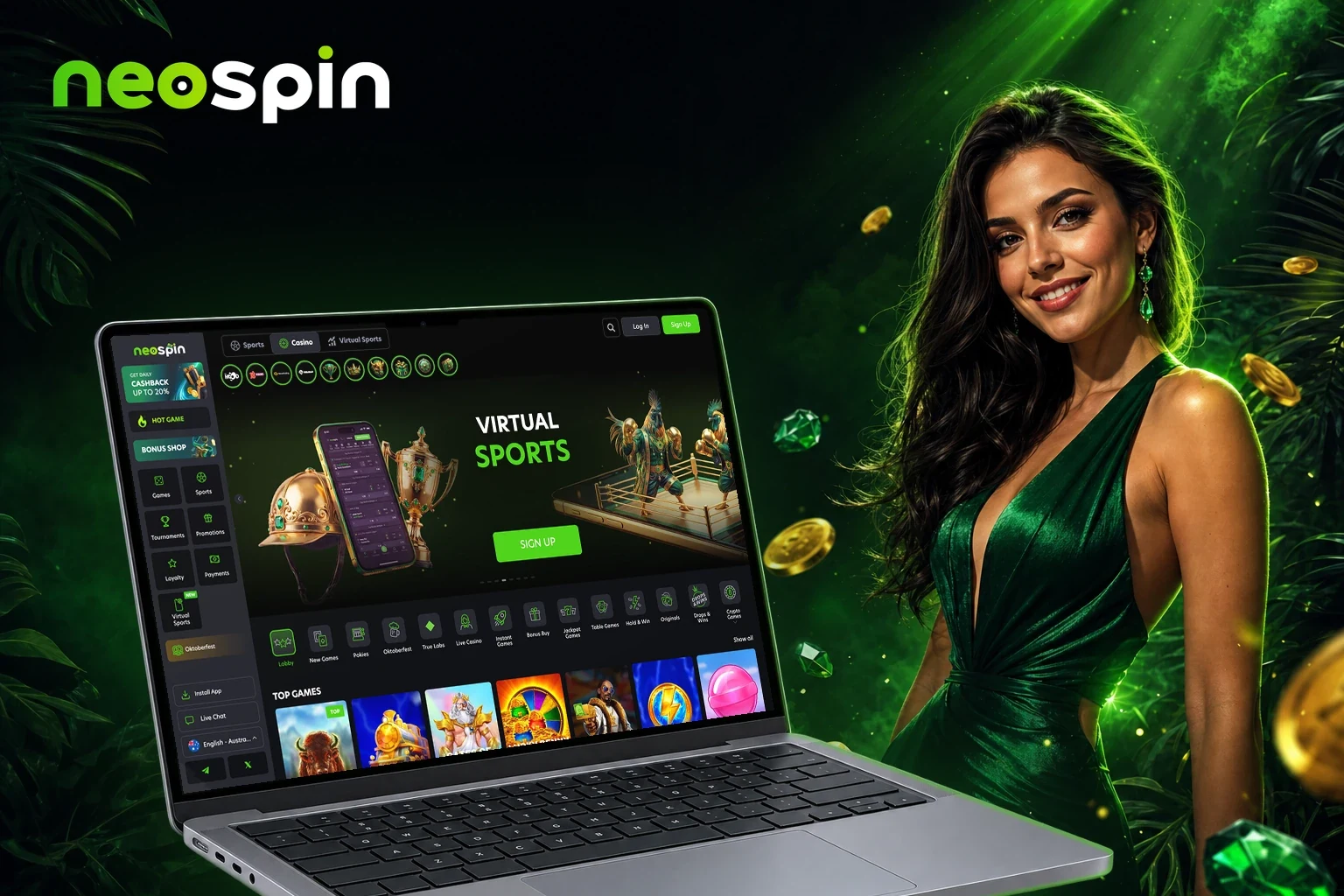 Neospin casino lobby with game categories