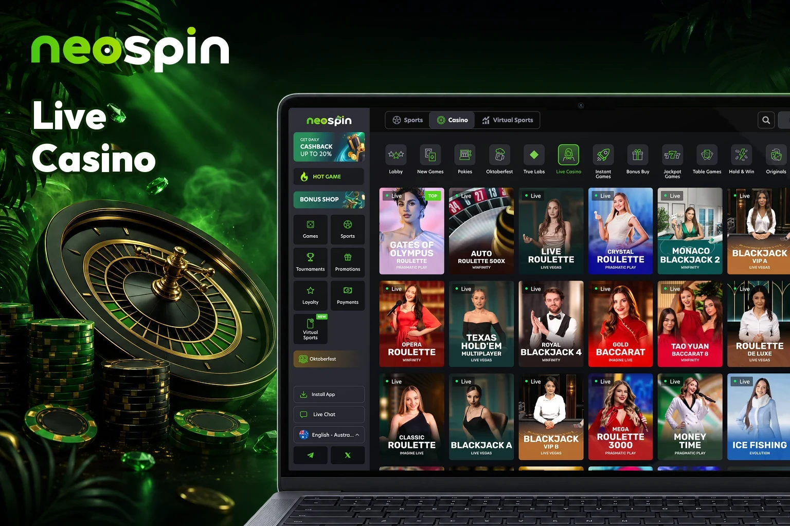 Neospin live casino lobby with roulette, blackjack and baccarat tables