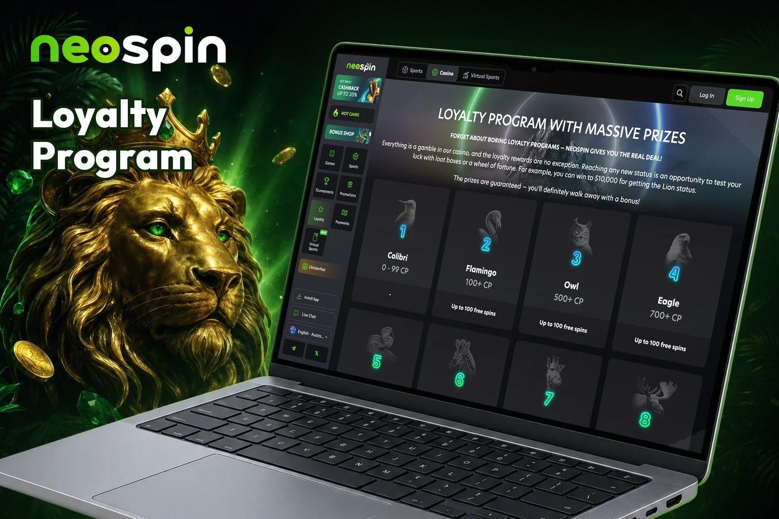 Neospin loyalty program with the Colibri, Flamingo, Owl and Eagle statuses