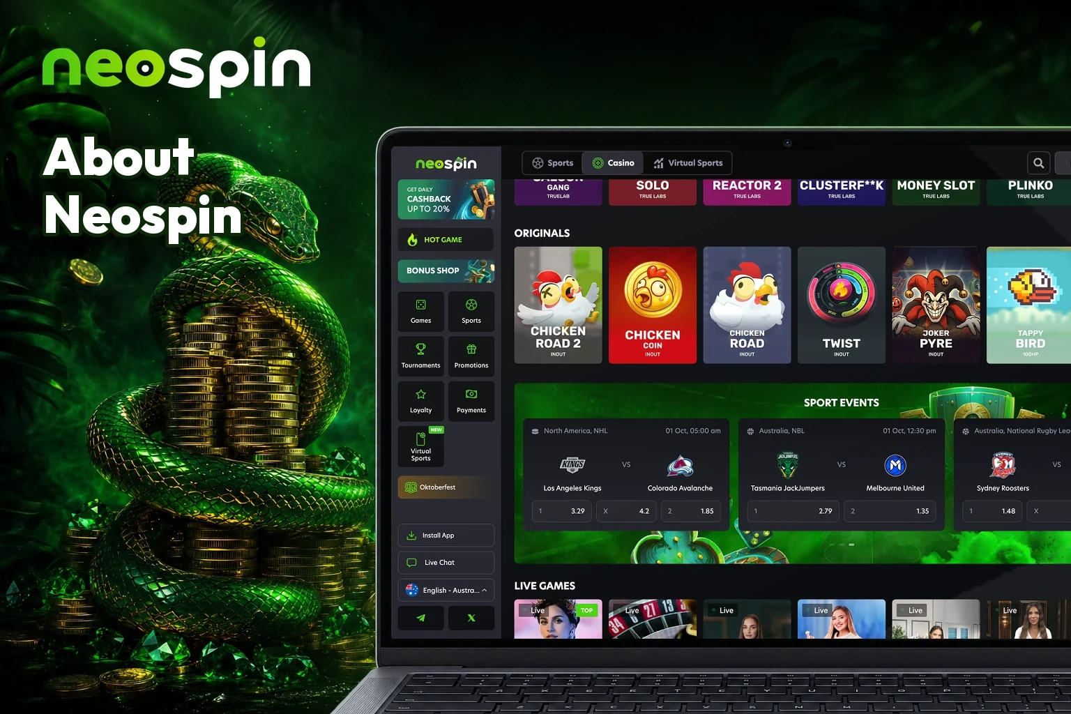 Neospin casino lobby with originals, sport events and live games