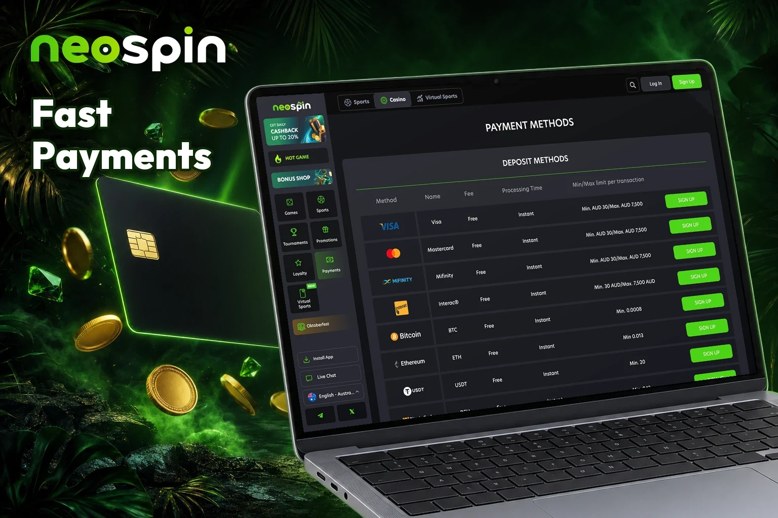 Neospin payment methods with Visa, Mastercard, MiFinity and crypto limits in AUD