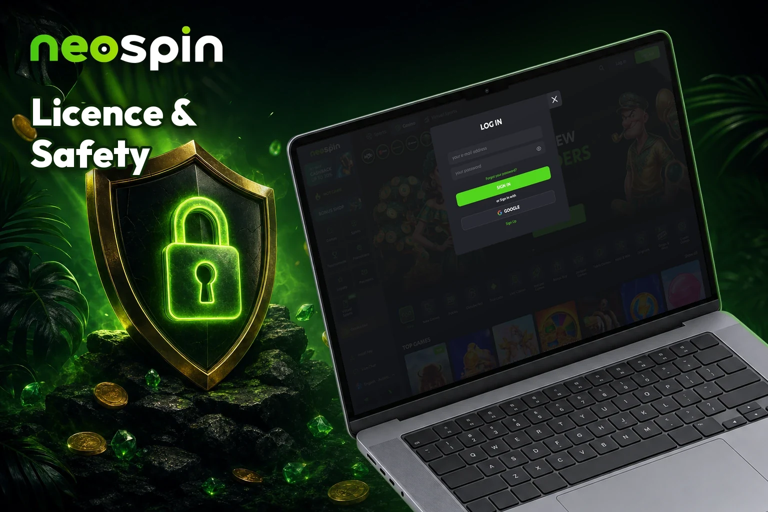 Neospin login window on a laptop
