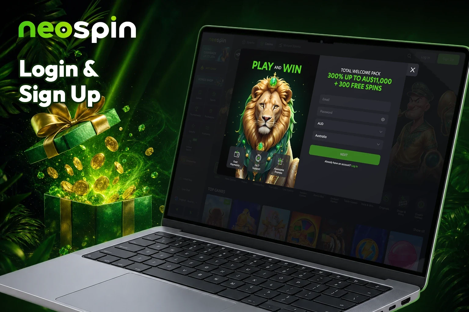 Neospin sign-up form with the welcome pack of 300% up to AU$11,000 and 300 free spins