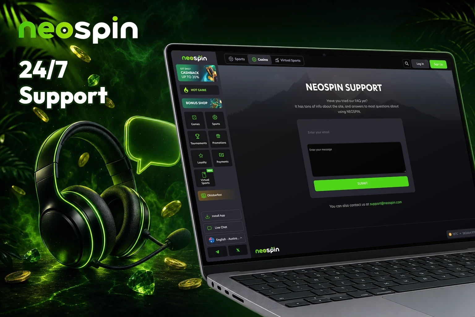 Neospin support page with the contact form