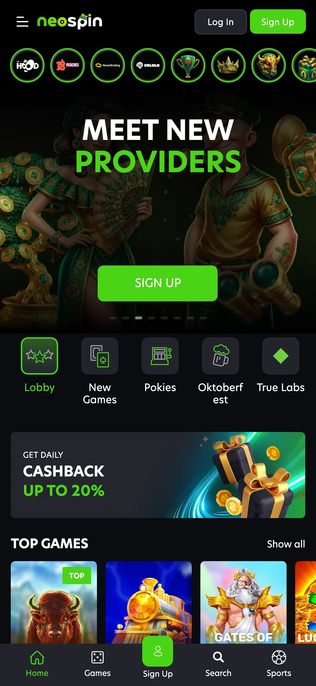 Neospin mobile home page with the lobby and new providers banner
