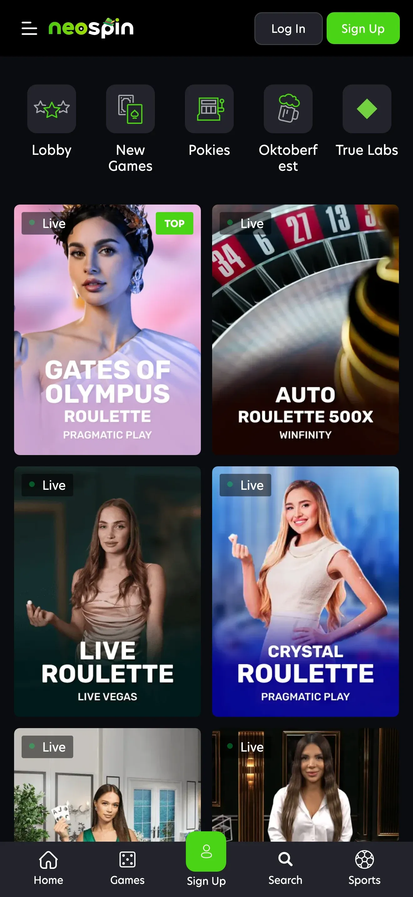 Neospin live casino tables on a phone