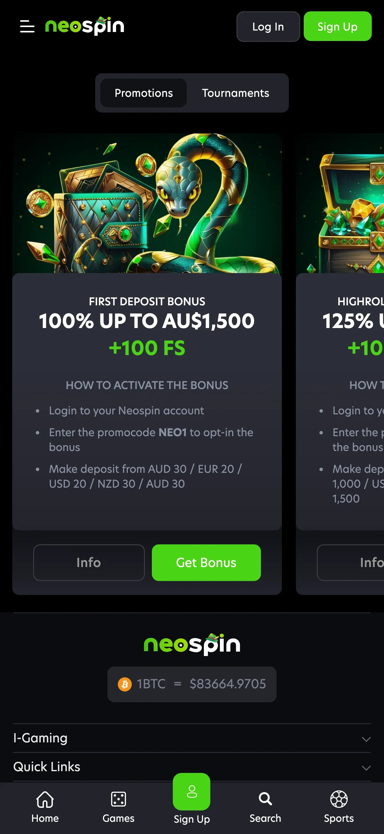 Neospin promotions with the first deposit bonus of 100% up to AU$1,500 and 100 free spins