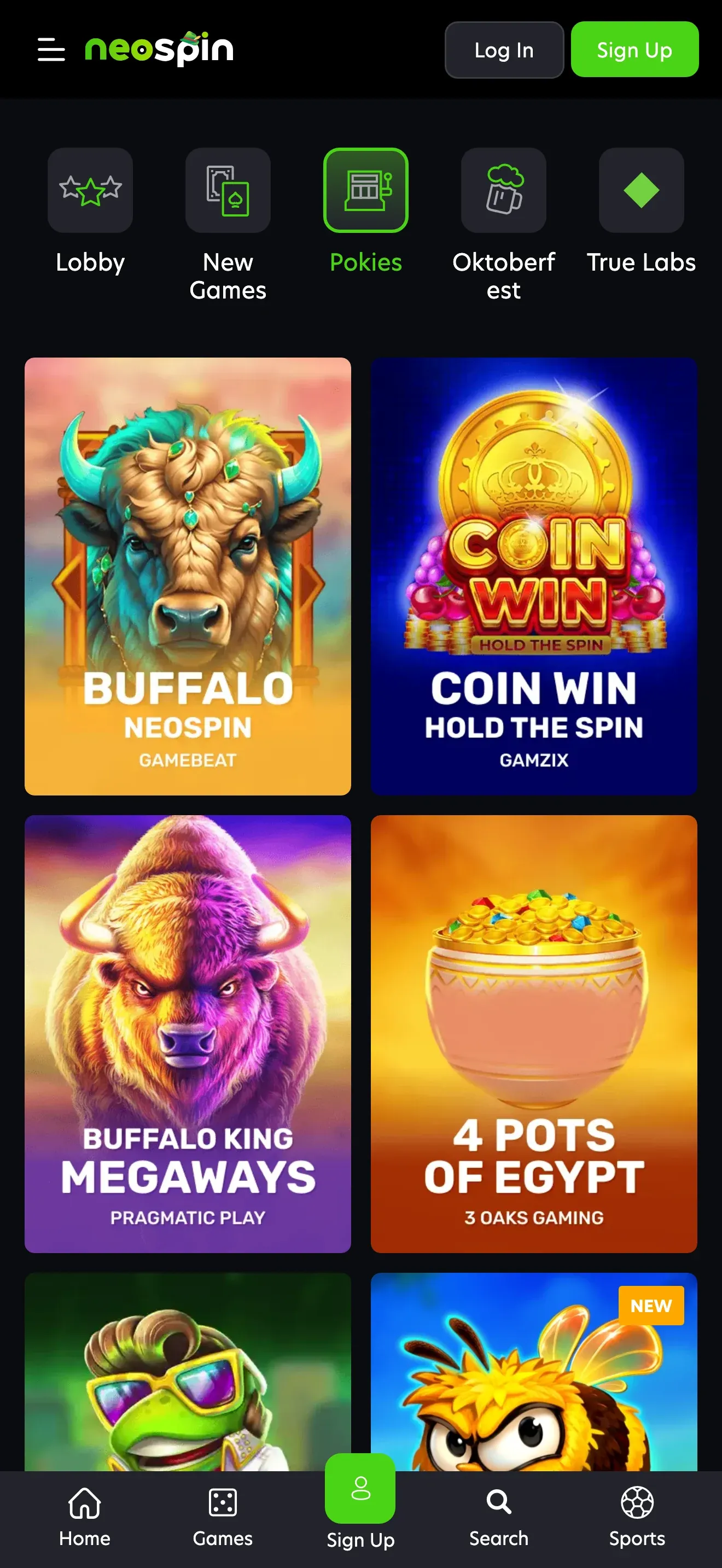 Neospin pokies lobby on a phone