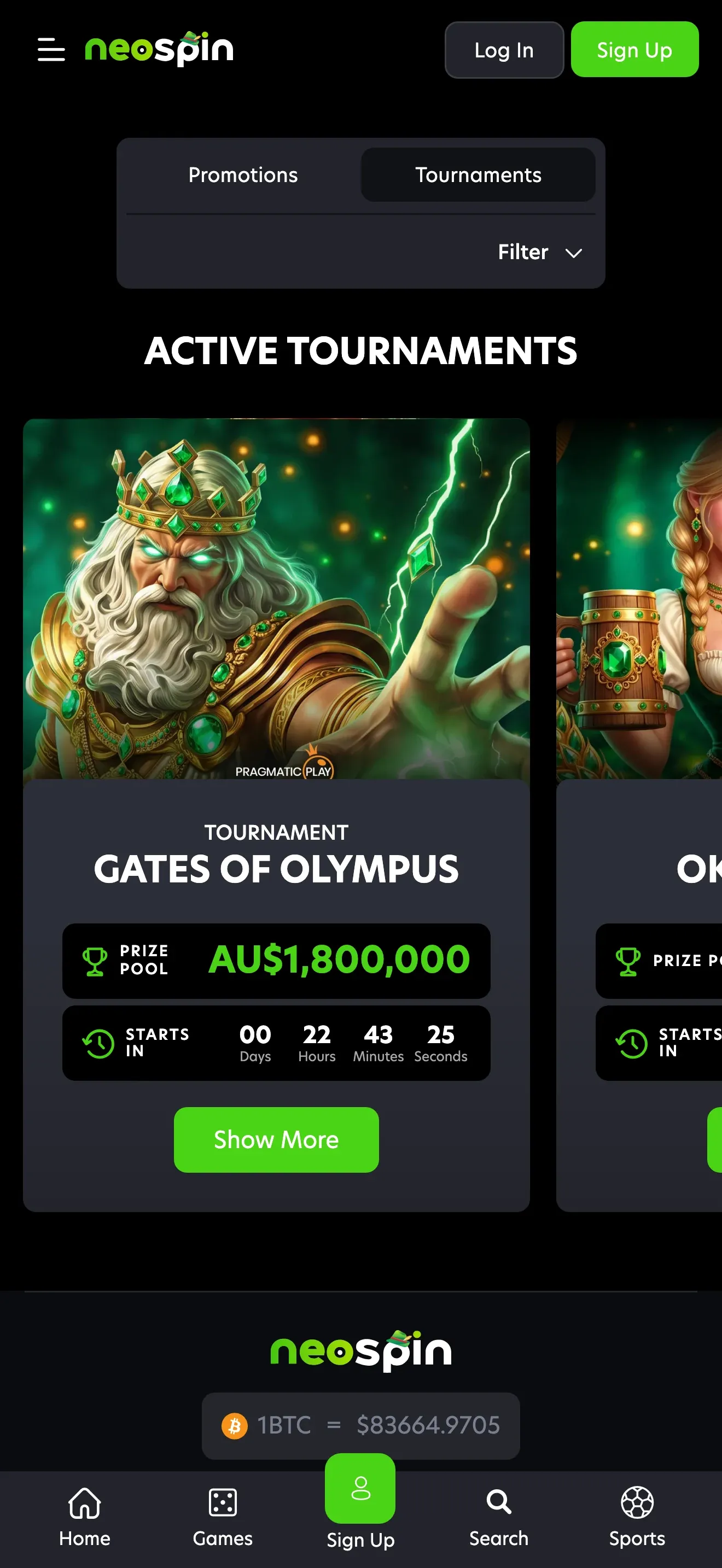 Neospin tournaments with the Gates of Olympus prize pool in AUD